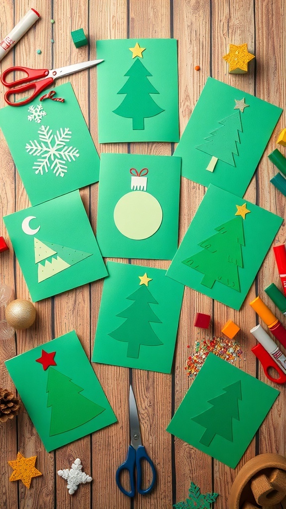 Handmade Christmas cards on green paper with festive designs on a crafting table.